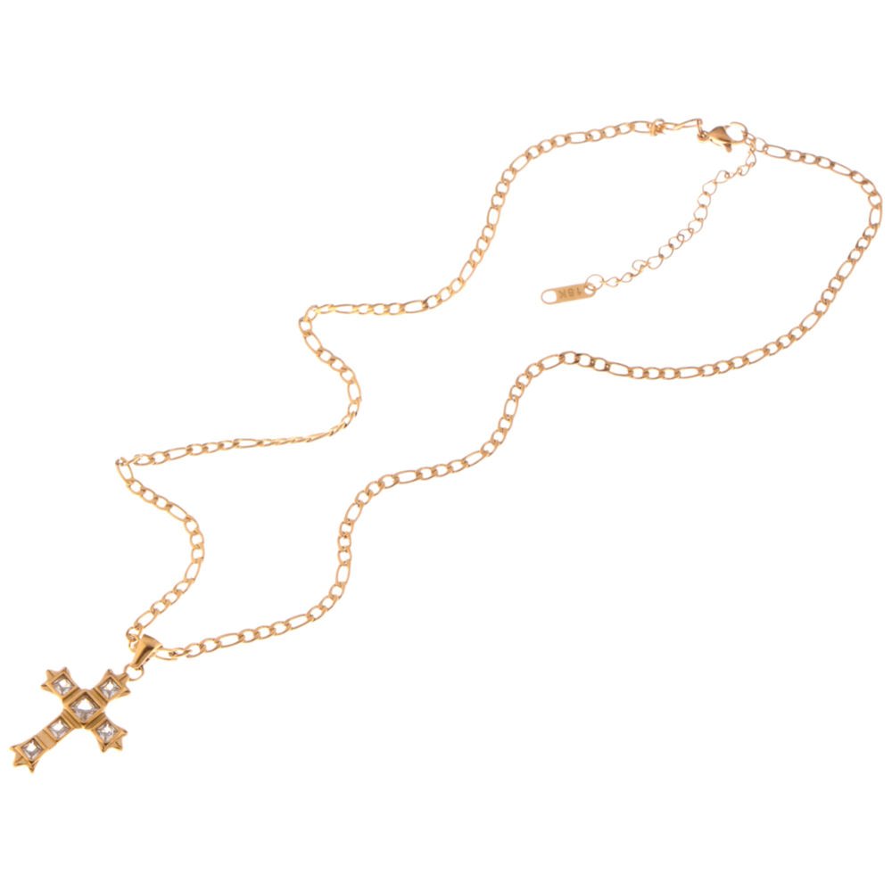 Gold Tone Cross Pendant Necklace with Green Gemstone Accents