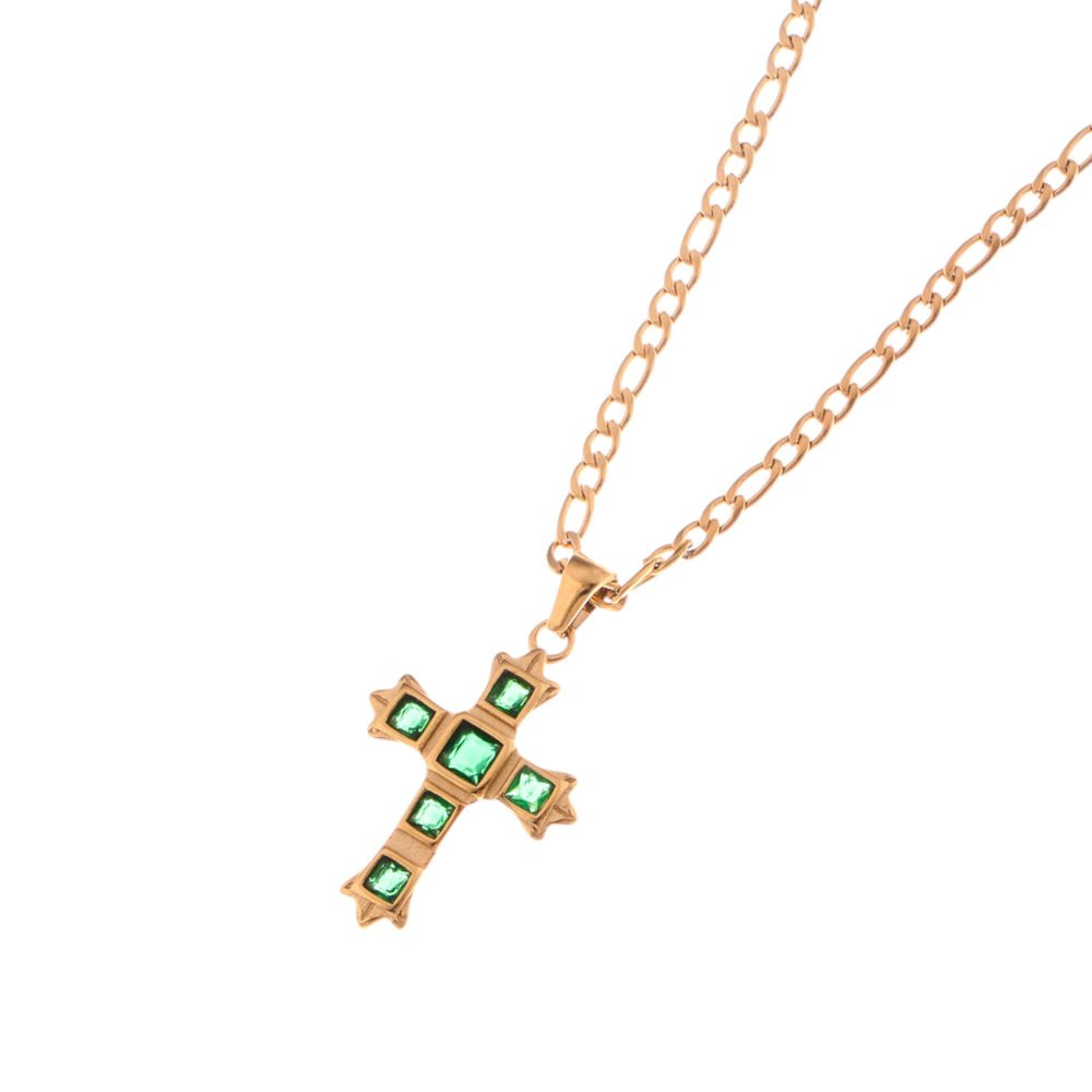 Gold Tone Cross Pendant Necklace with Green Gemstone Accents