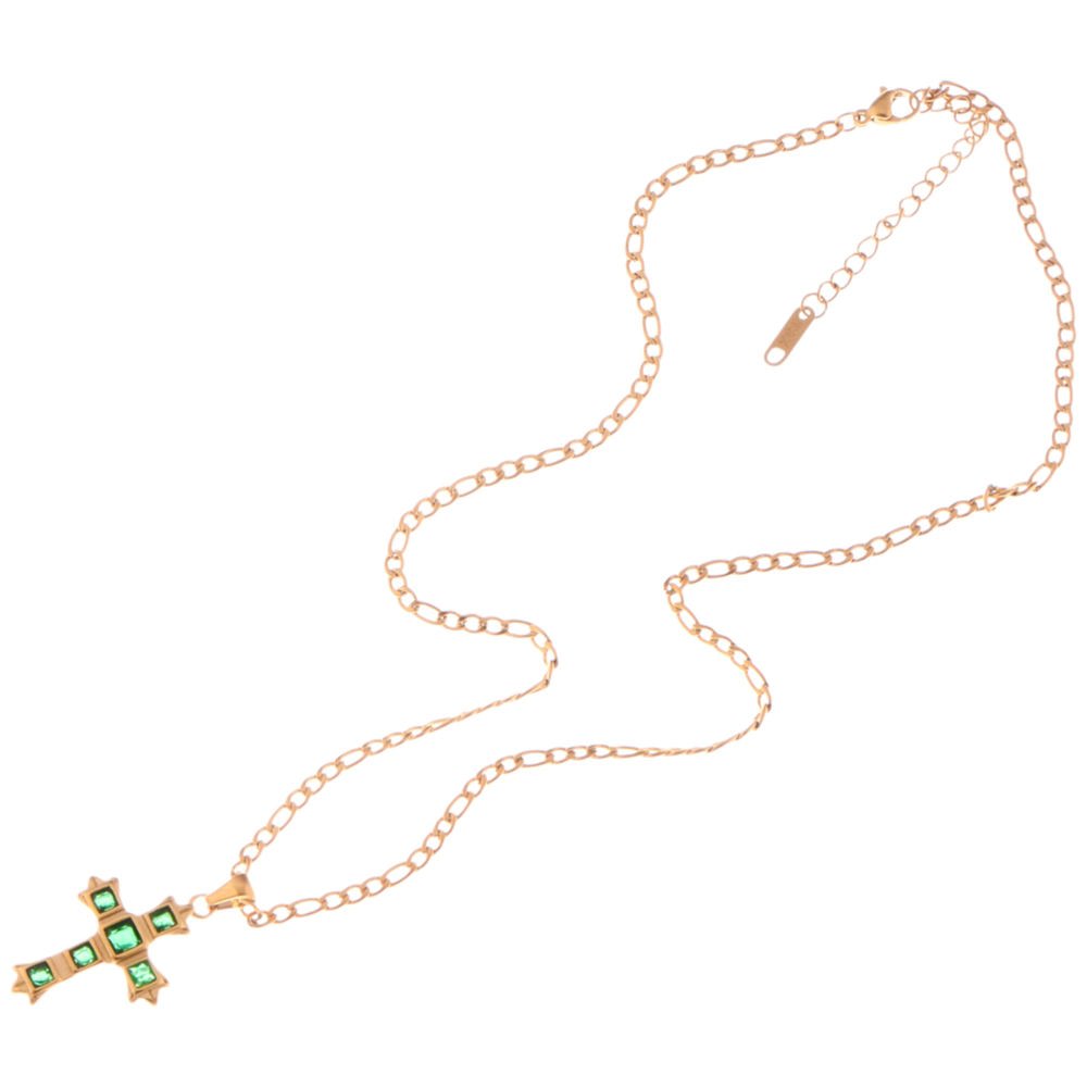 Gold Tone Cross Pendant Necklace with Green Gemstone Accents