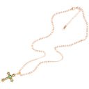 Green Gold Tone Cross Pendant Necklace with Green Gemstone Accents