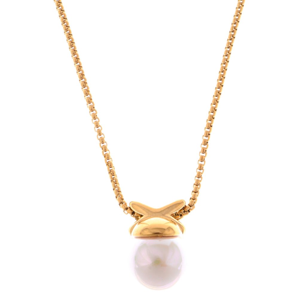 Gold Tone Pendant Necklace with Faux Pearl Drop and X Charm - Gold