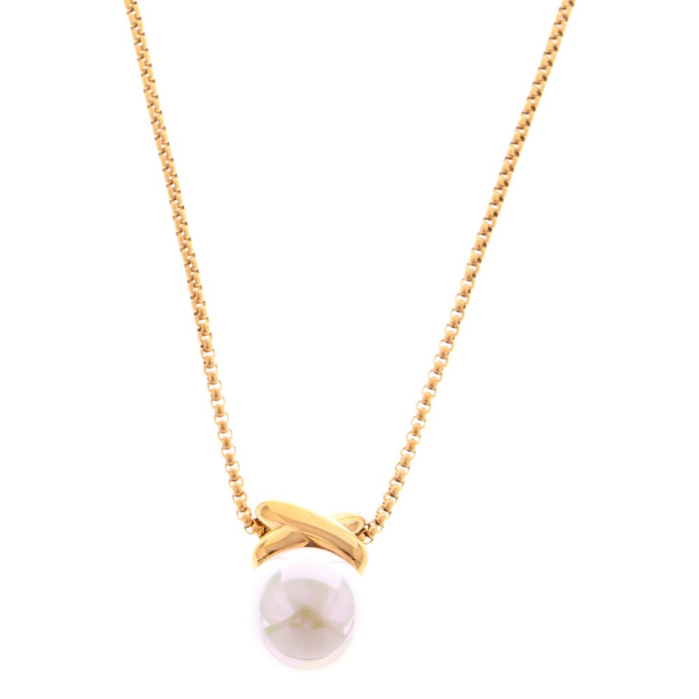 Gold Tone Pendant Necklace with Faux Pearl Drop and X Charm - Gold