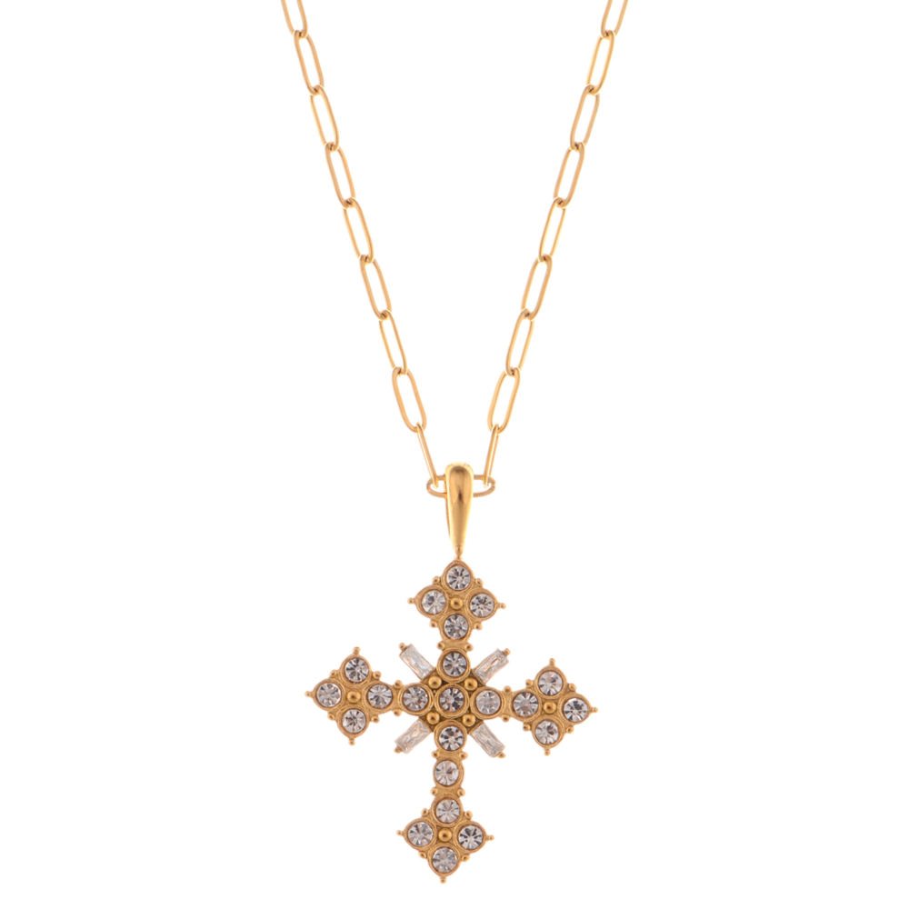 Gold Tone Cross Necklace with Rhinestone Detailing