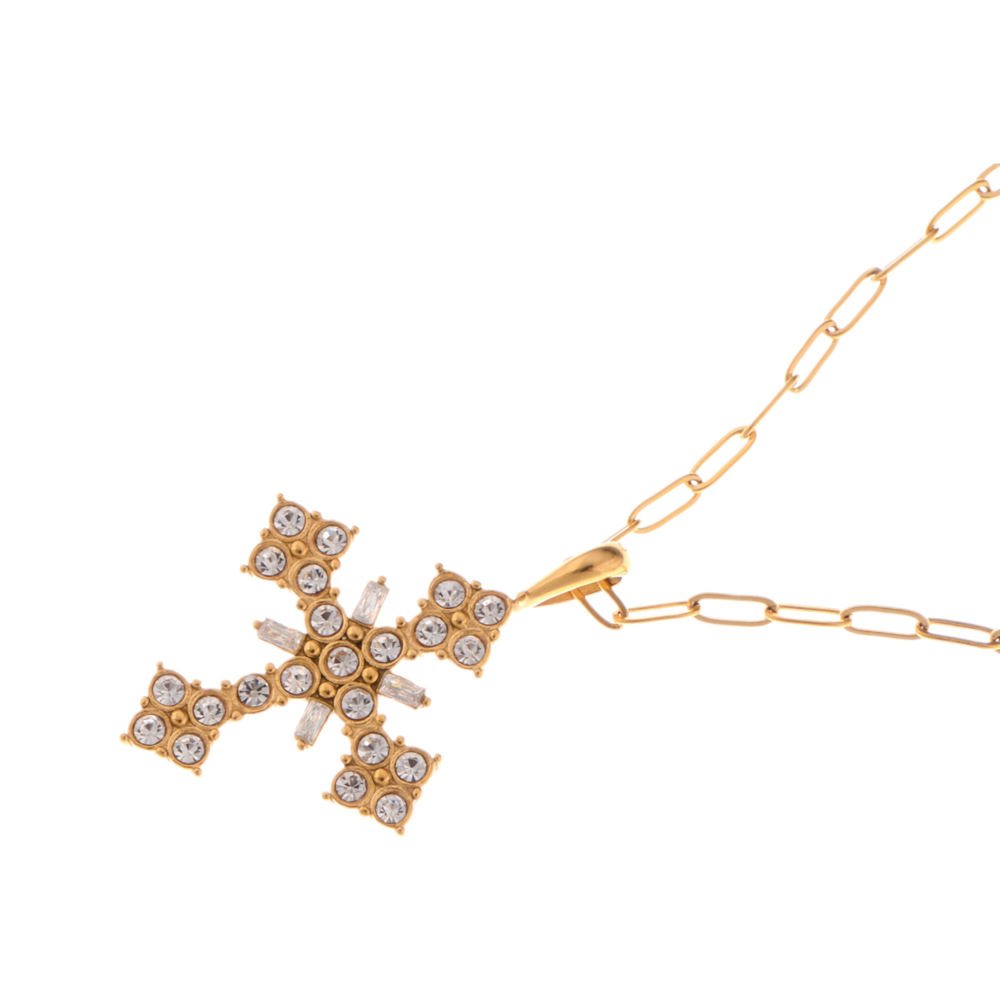 Gold Tone Cross Necklace with Rhinestone Detailing