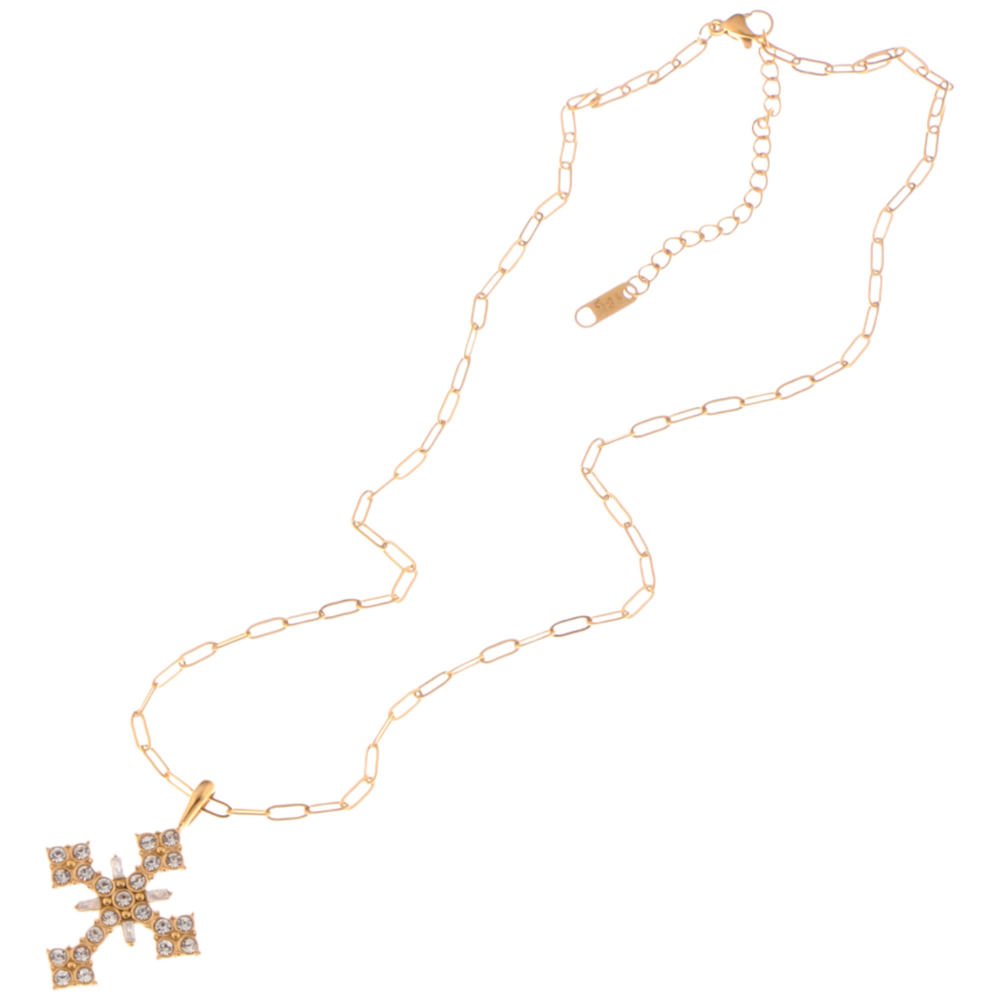 Gold Tone Cross Necklace with Rhinestone Detailing