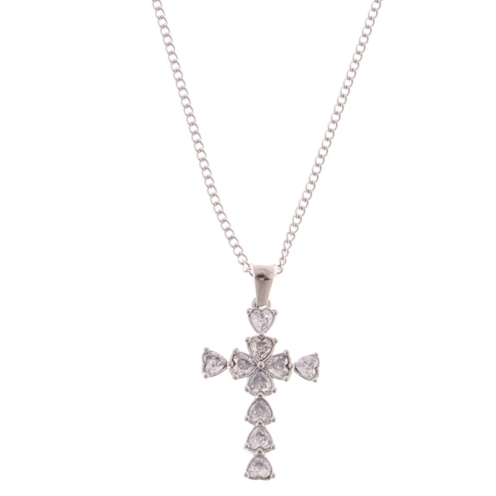 Silver Tone Cross Pendant Necklace with Heart-Shaped Gemstone Accents