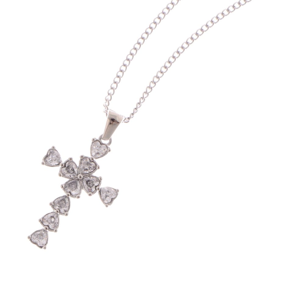 Silver Tone Cross Pendant Necklace with Heart-Shaped Gemstone Accents