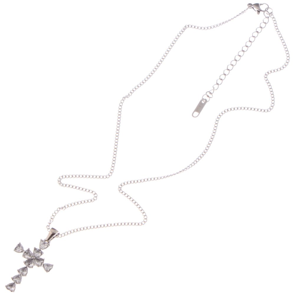 Silver Tone Cross Pendant Necklace with Heart-Shaped Gemstone Accents