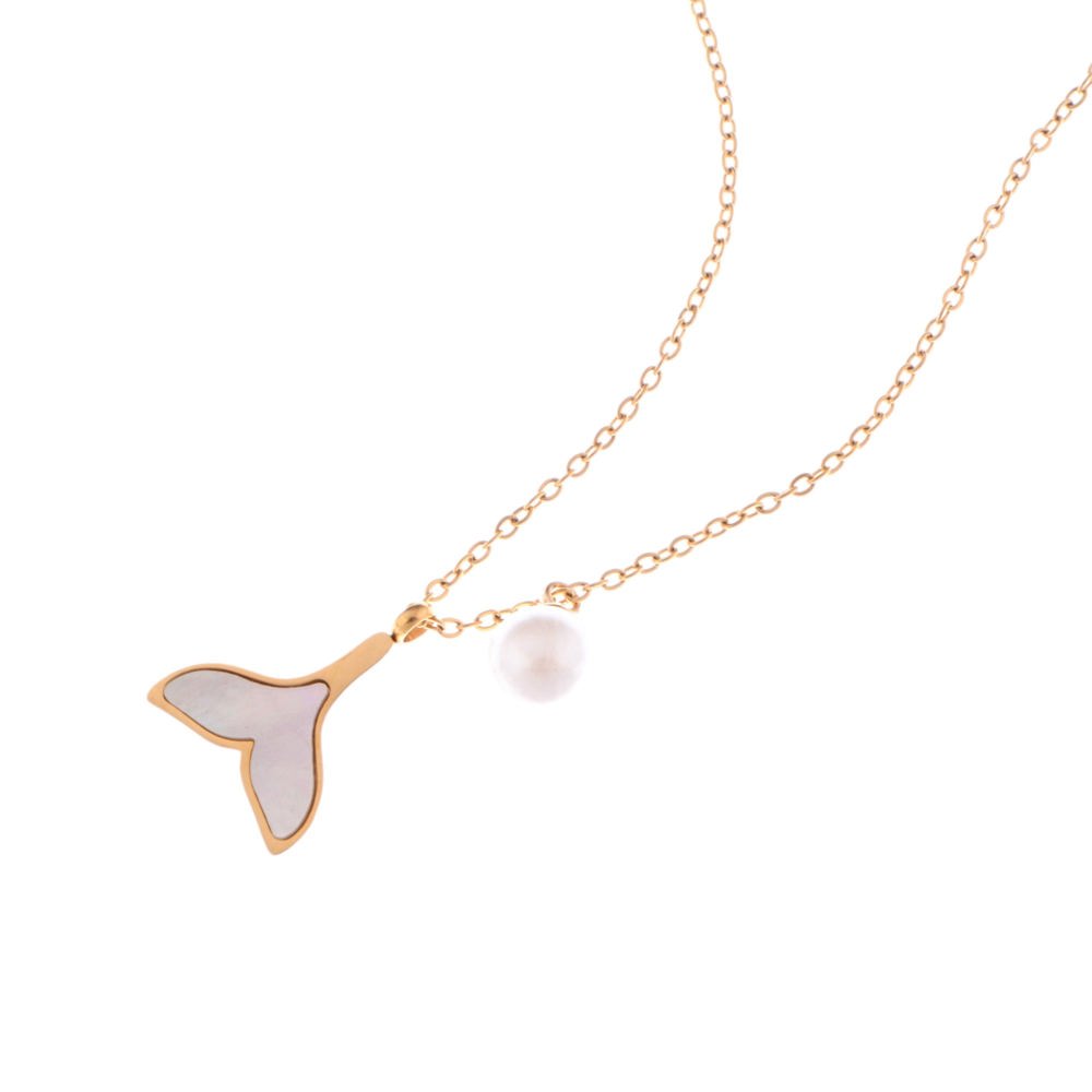 Gold Tone Mermaid Tail Necklace with Pearl Accent and Mother of Pearl Inlay