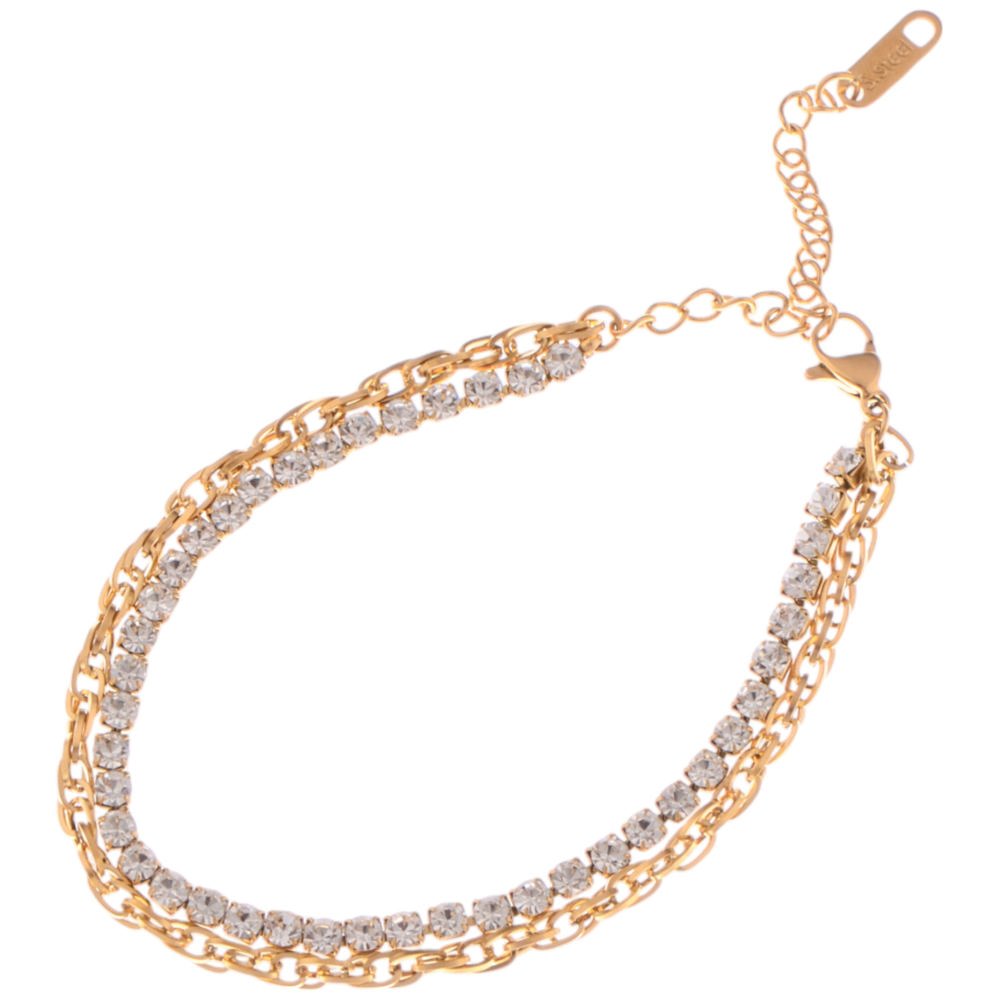 Dual Chain Rhinestone Bracelet with Gold Tone Finish