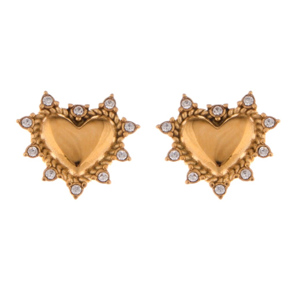 Gold Tone Heart Stud Earrings with Rhinestone Accents