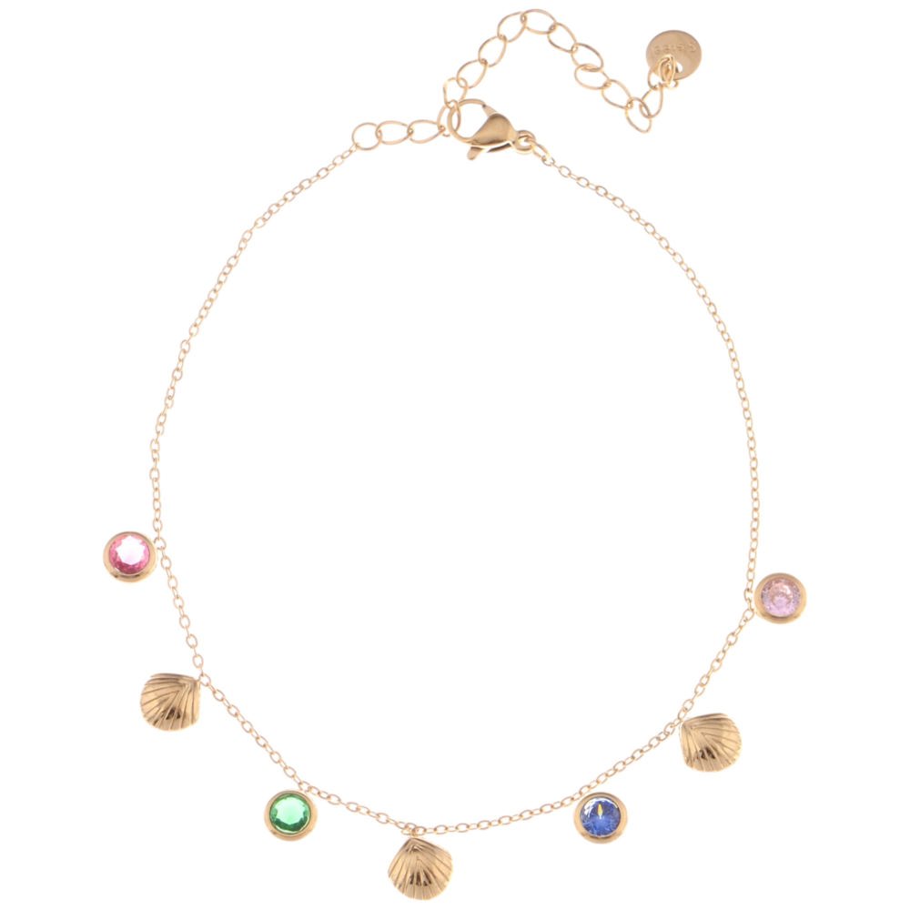 Gold Tone Shell and Crystal Charm Anklet with Adjustable Chain