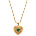  Gold Tone Heart Pendant Necklace with Green Gemstone and Crystal Accents