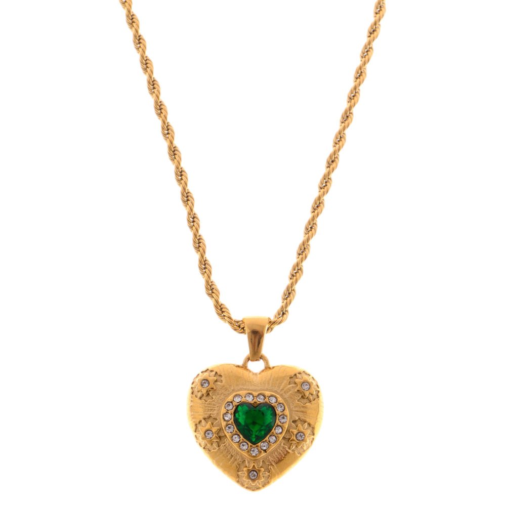 Gold Tone Heart Pendant Necklace with Green Gemstone and Crystal Accents