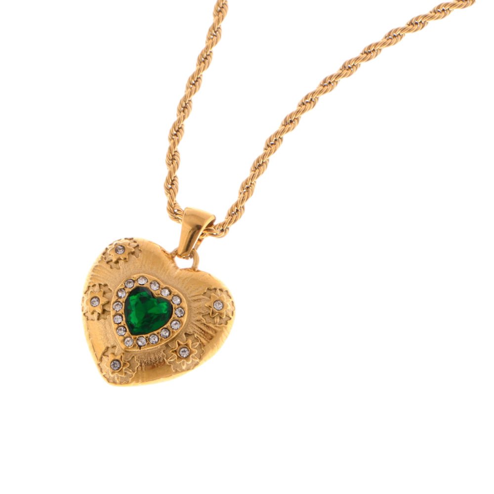 Gold Tone Heart Pendant Necklace with Green Gemstone and Crystal Accents