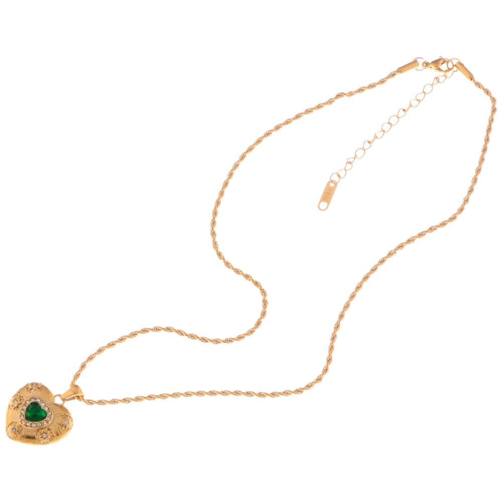 Gold Tone Heart Pendant Necklace with Green Gemstone and Crystal Accents