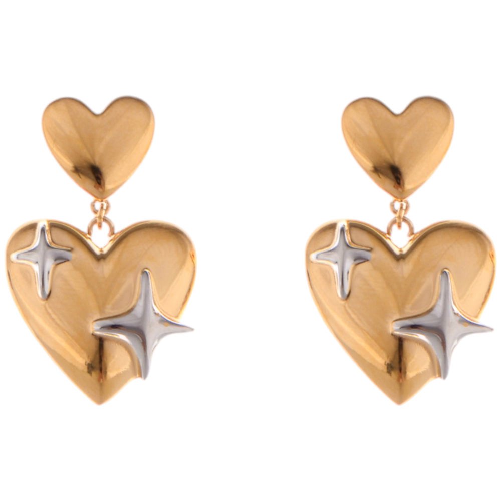 Gold Tone Heart Dangle Earrings with Silver Star Accents