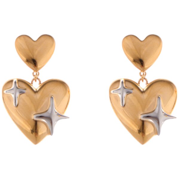 Gold Tone Heart Dangle Earrings with Silver Star Accents