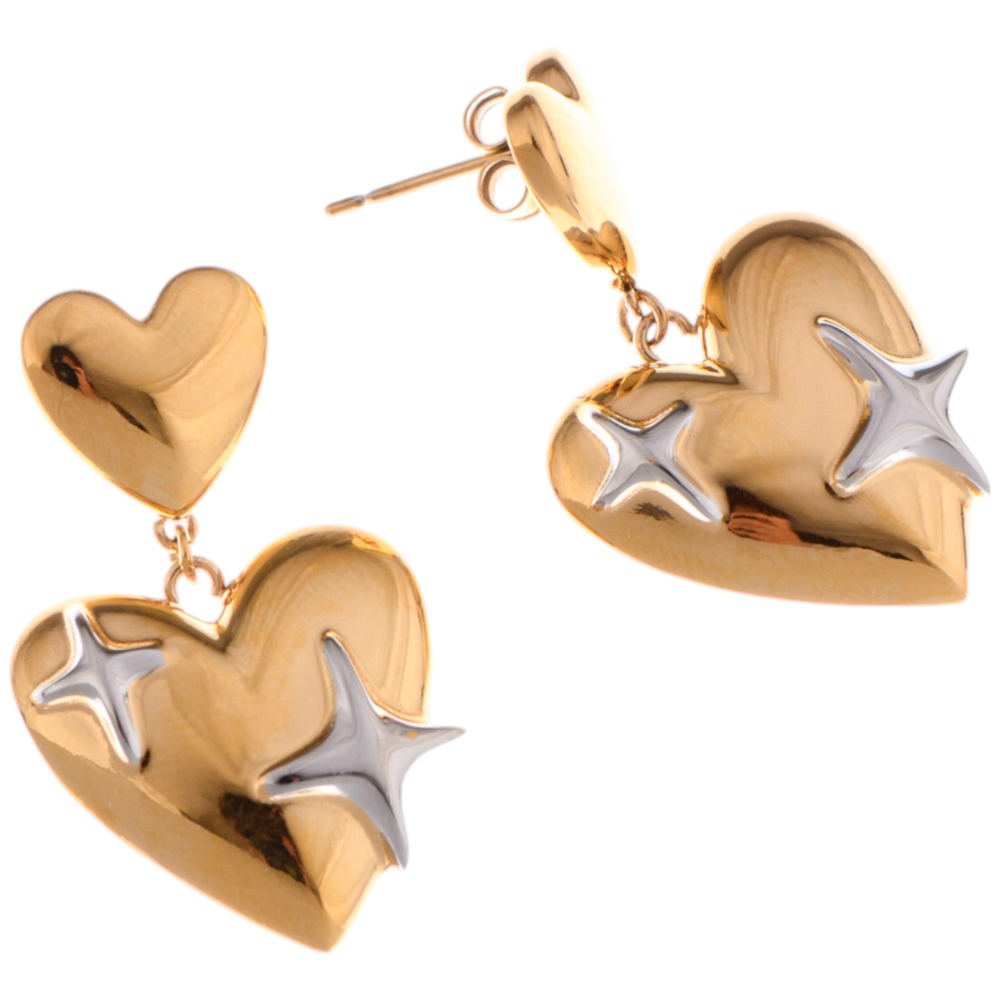 Gold Tone Heart Dangle Earrings with Silver Star Accents