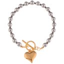  Silver Beaded Bracelet with Gold Heart Charm and Toggle Clasp