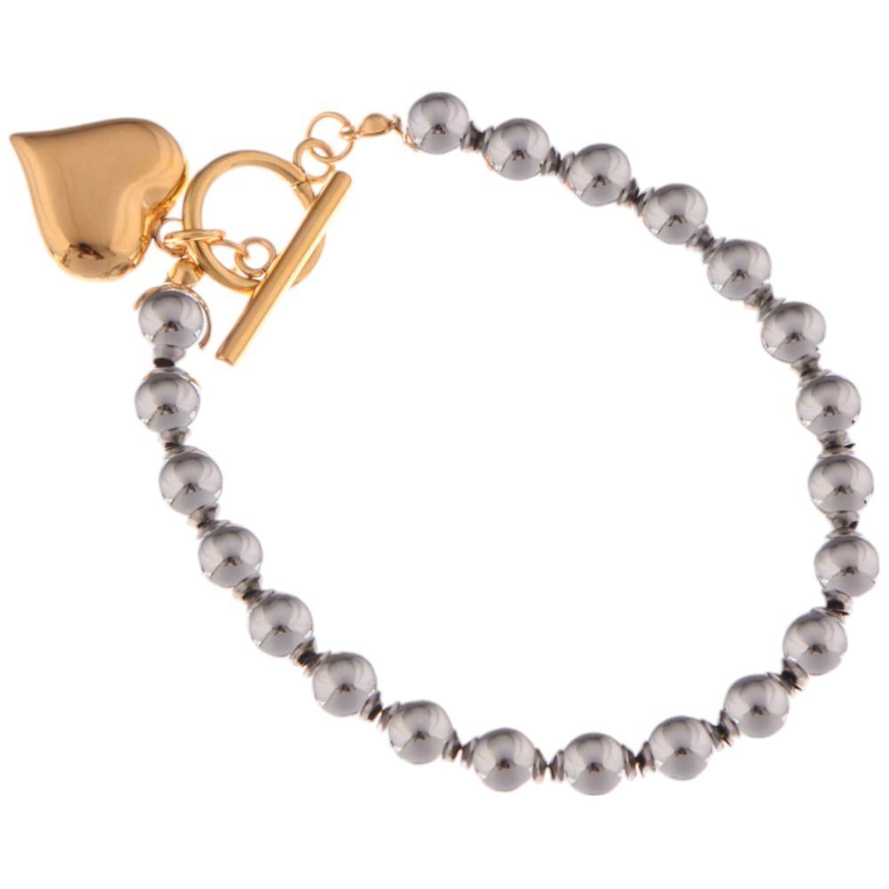 Silver Beaded Bracelet with Gold Heart Charm and Toggle Clasp