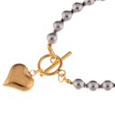 Silver Silver Beaded Bracelet with Gold Heart Charm and Toggle Clasp