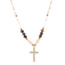  Beaded Cross Pendant Necklace with Faceted Stones and Gold Chain