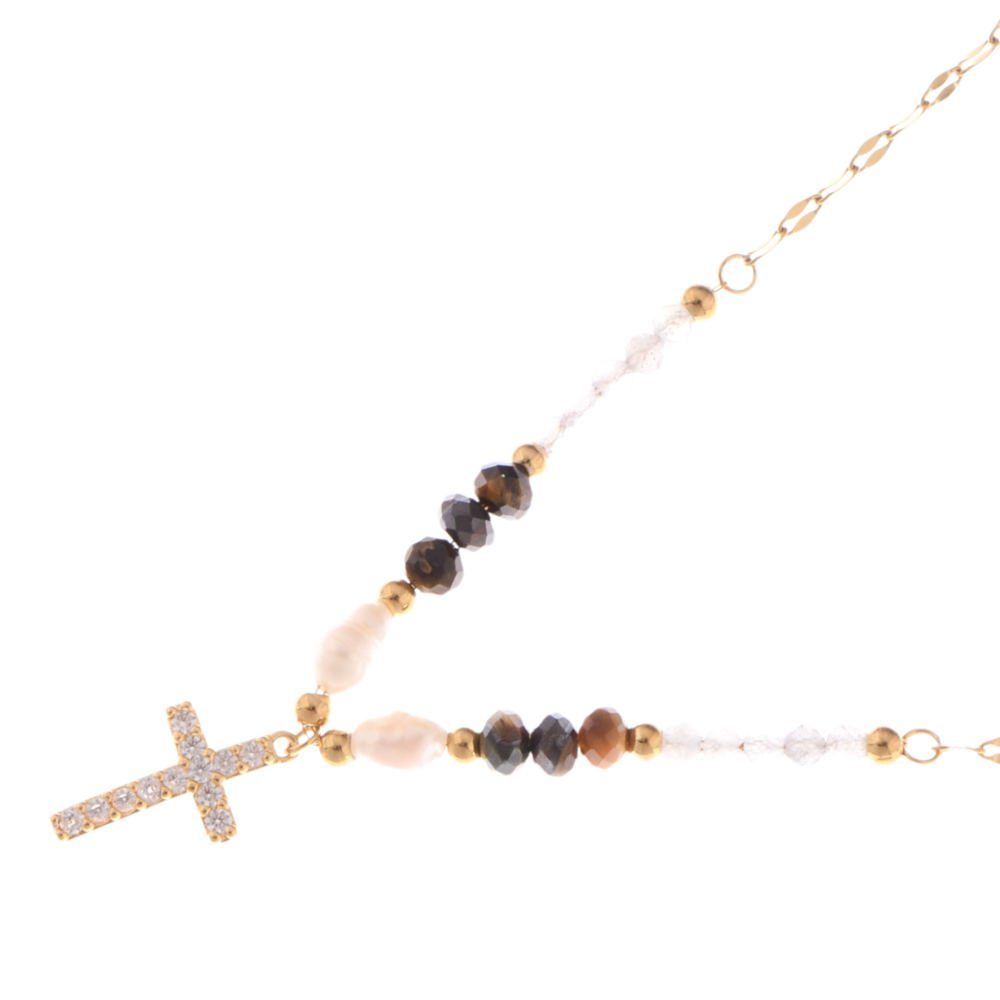 Beaded Cross Pendant Necklace with Faceted Stones and Gold Chain