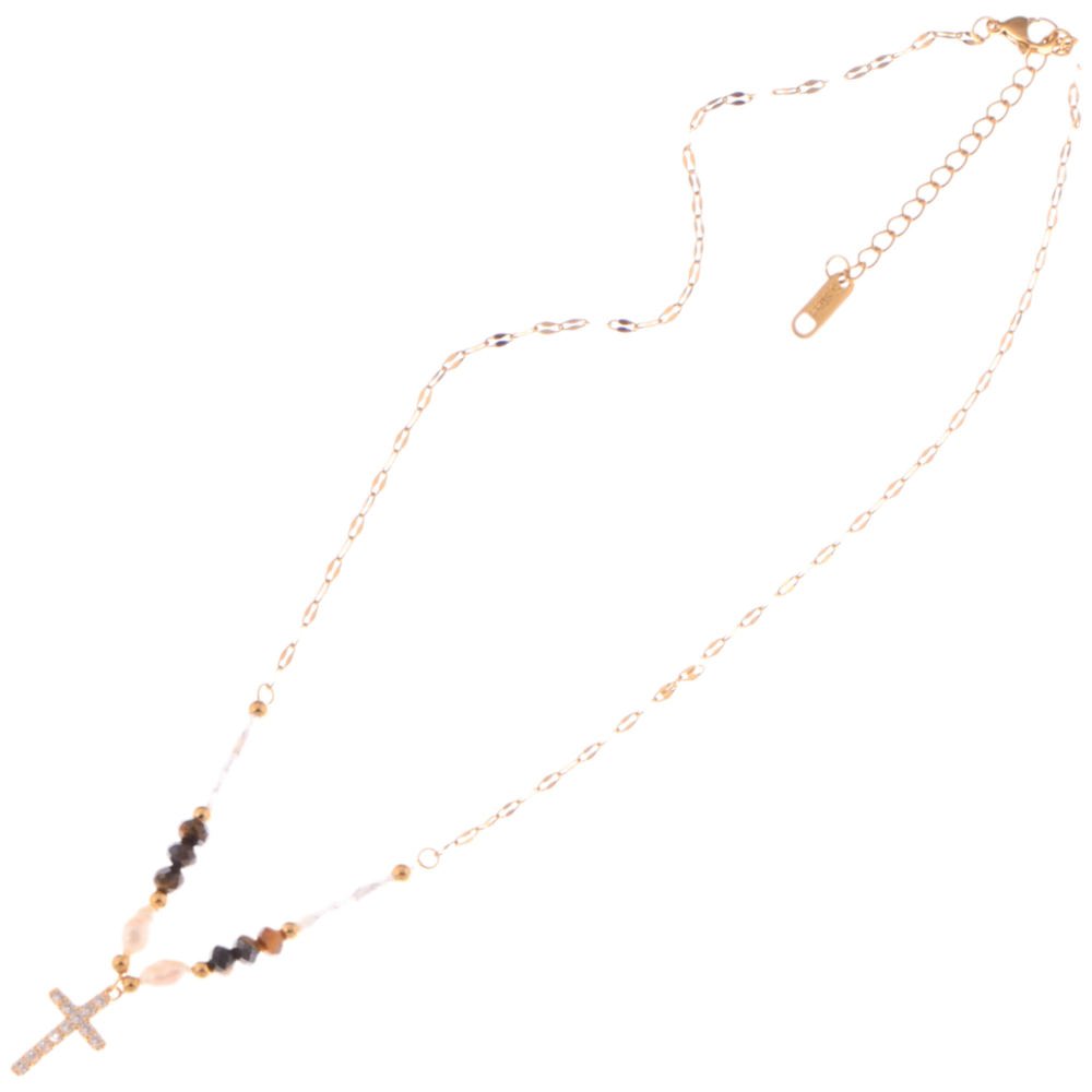 Beaded Cross Pendant Necklace with Faceted Stones and Gold Chain