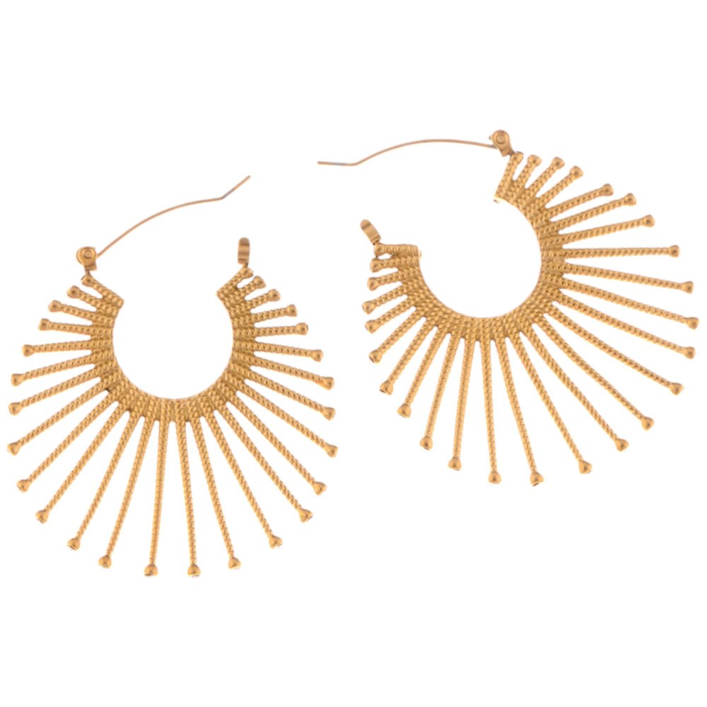 Gold Fan Hoop Earrings with Intricate Textured Detailing