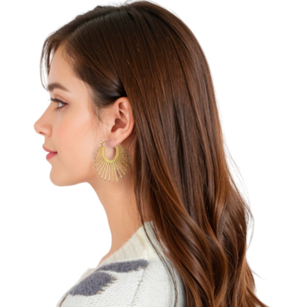 Gold Fan Hoop Earrings with Intricate Textured Detailing