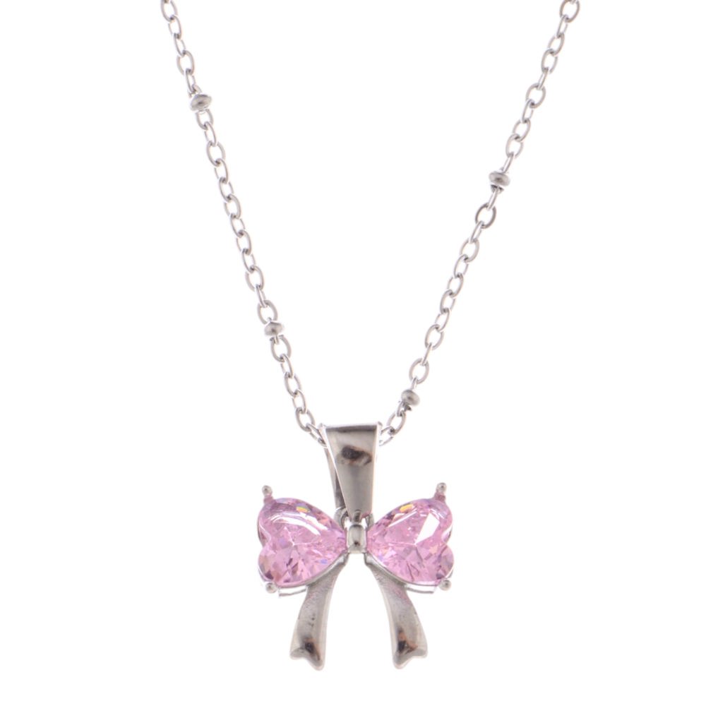 Silver Bow Pendant Necklace with Pink Gemstone Accents