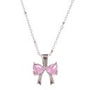  Silver Bow Pendant Necklace with Pink Gemstone Accents