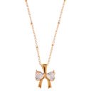 Gold Silver Bow Pendant Necklace with Pink Gemstone Accents