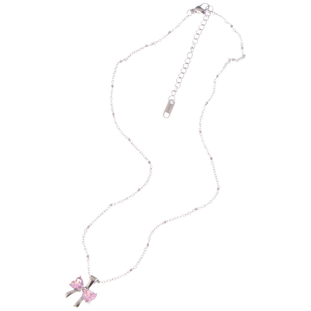 Silver Bow Pendant Necklace with Pink Gemstone Accents