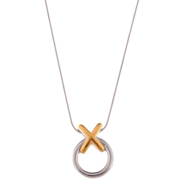 Two-Tone Circle and Cross Pendant Necklace with Snake Chain - Silver