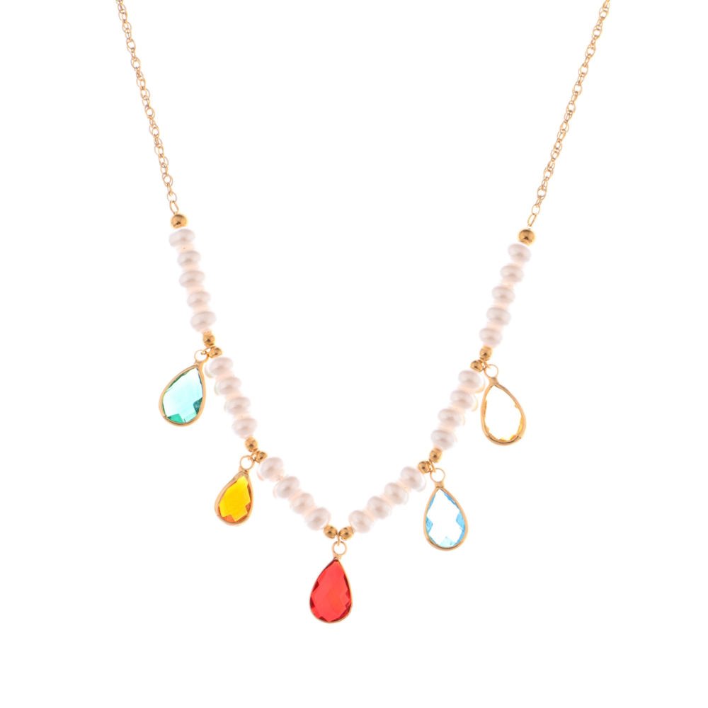 Pearl Beaded Necklace with Colorful Teardrop Crystal Charms