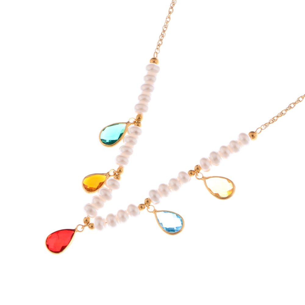 Pearl Beaded Necklace with Colorful Teardrop Crystal Charms