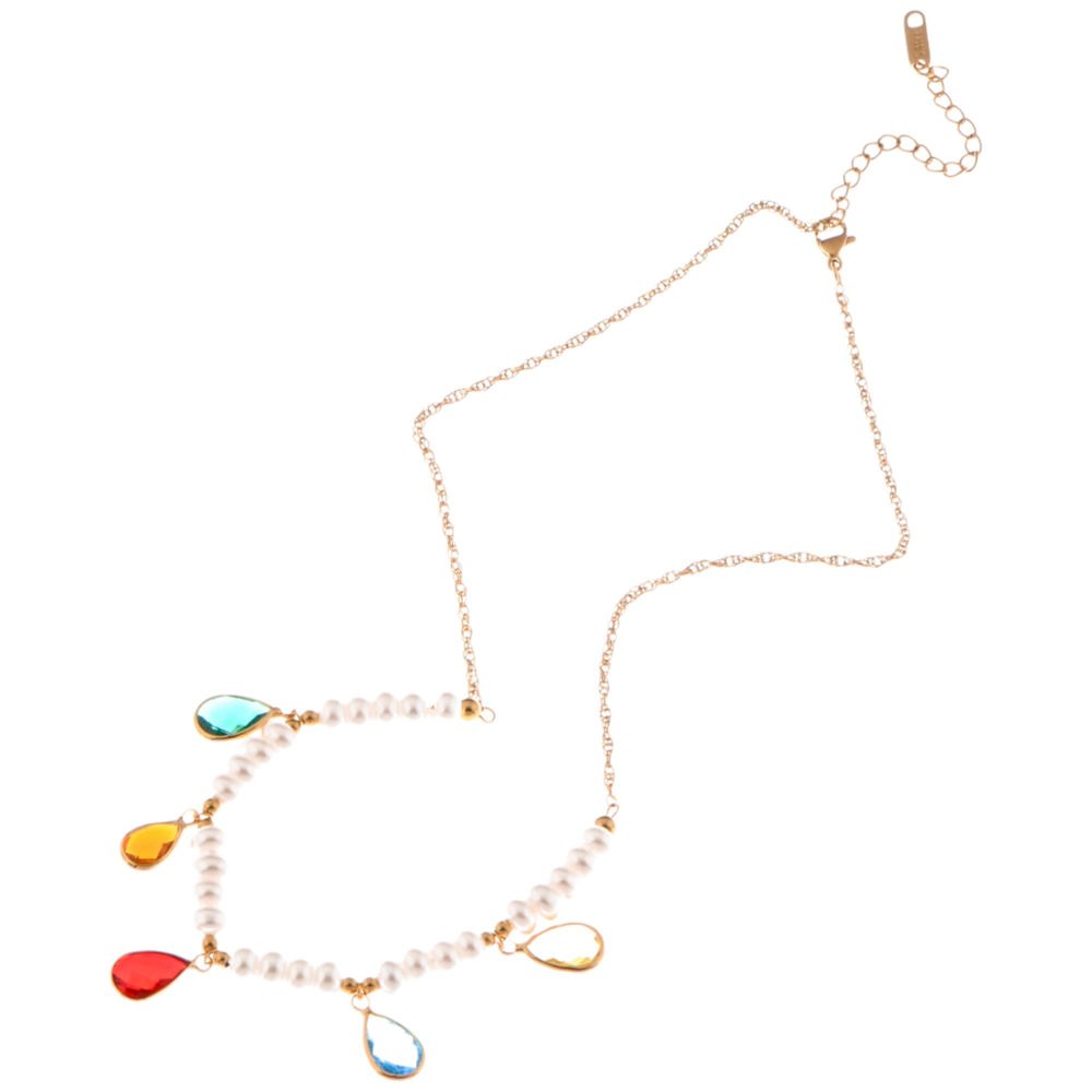 Pearl Beaded Necklace with Colorful Teardrop Crystal Charms