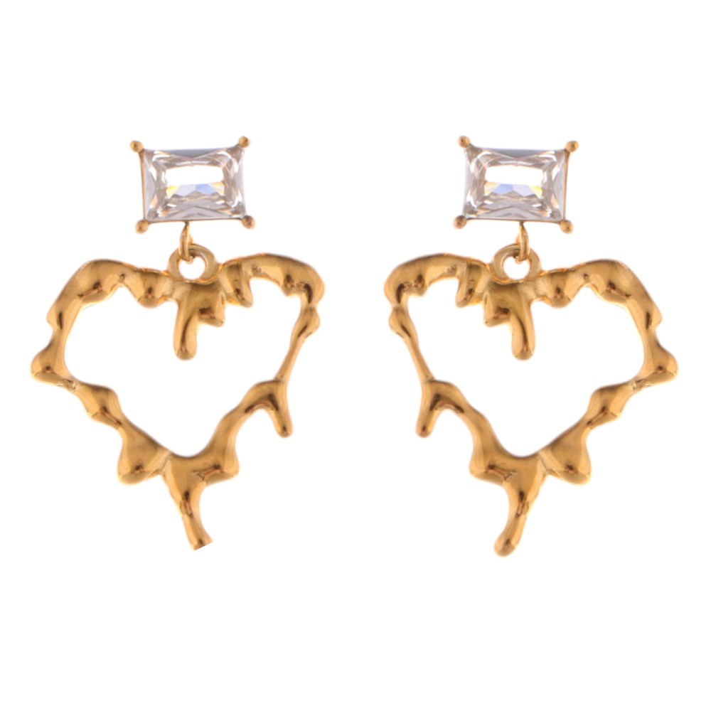 Gold-Plated Heart Drop Earrings with Crystal Stud Accents - Gold