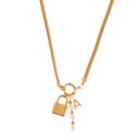  Gold-Tone Lock Pendant Necklace with Pearl and Initial Charm Details