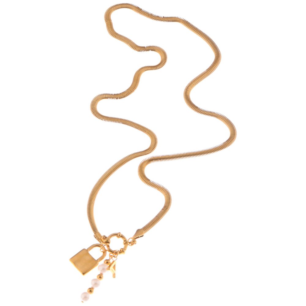 Gold-Tone Lock Pendant Necklace with Pearl and Initial Charm Details