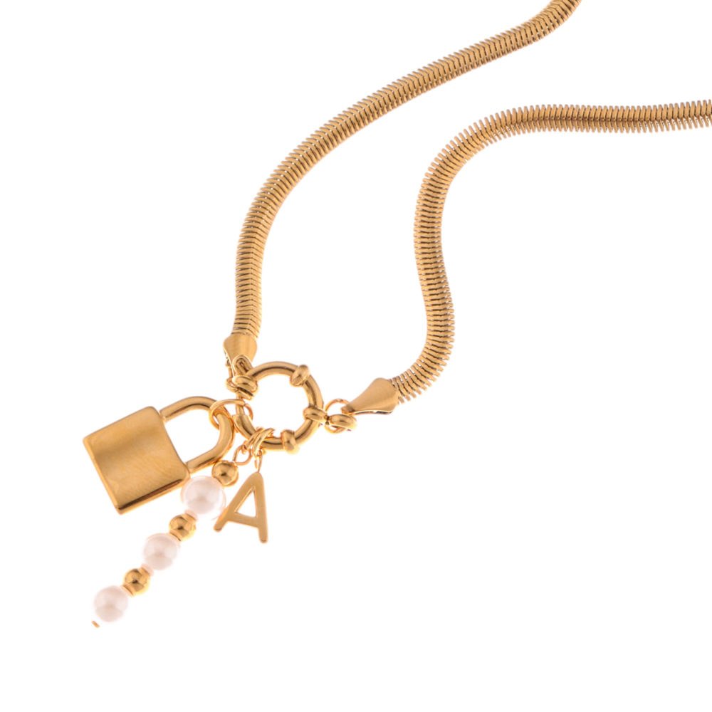 Gold-Tone Lock Pendant Necklace with Pearl and Initial Charm Details