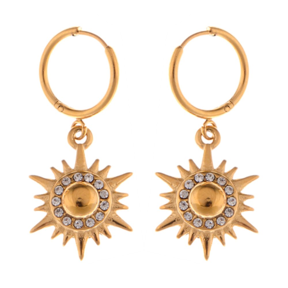 Gold Tone Sunburst Dangle Earrings with Rhinestone Accents