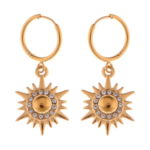 Gold Tone Sunburst Dangle Earrings with Rhinestone Accents