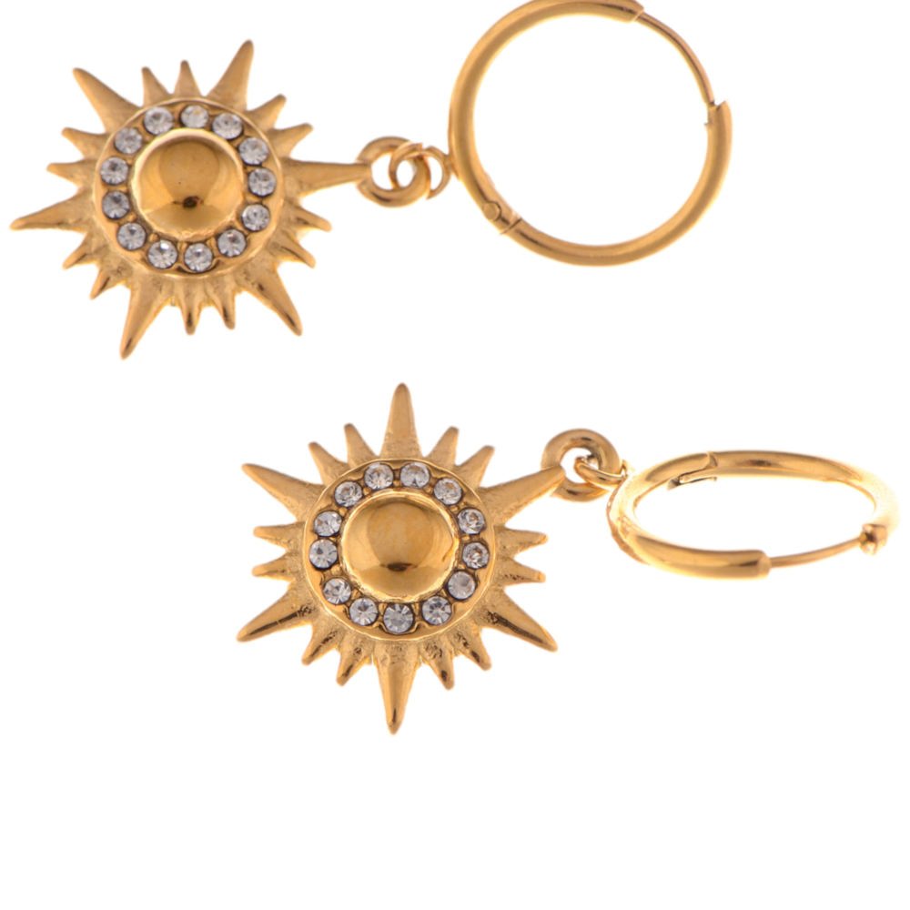 Gold Tone Sunburst Dangle Earrings with Rhinestone Accents