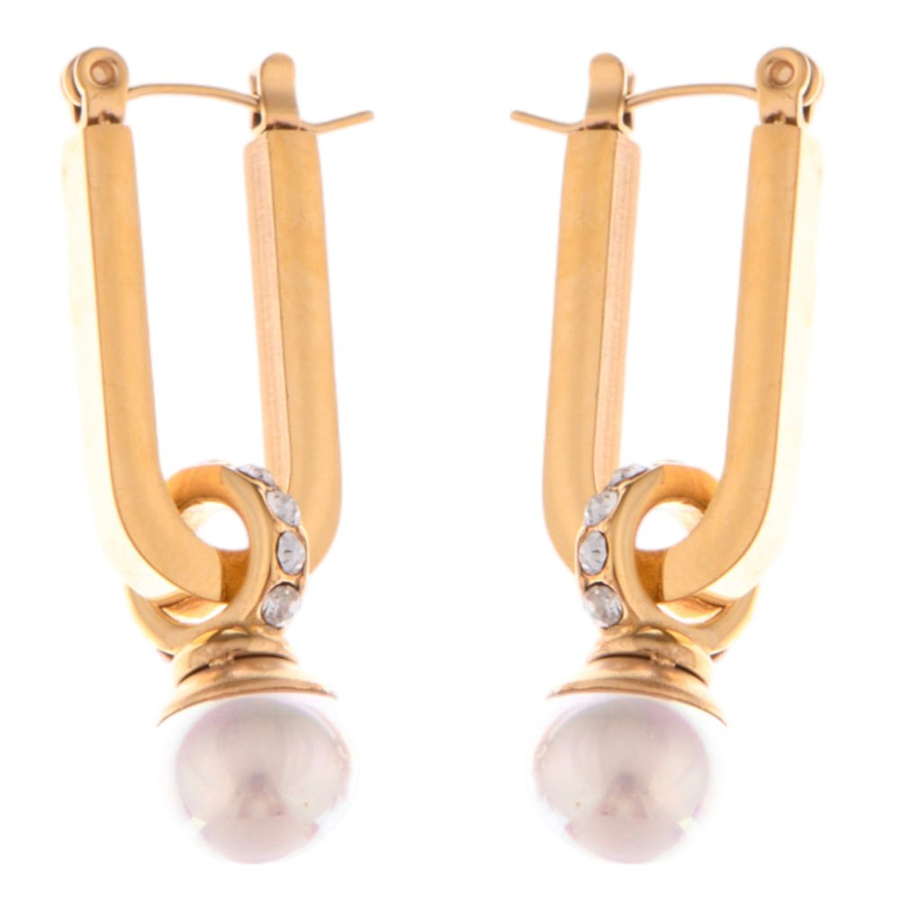 Gold Tone Geometric Drop Earrings with Pearl and Rhinestone Accent