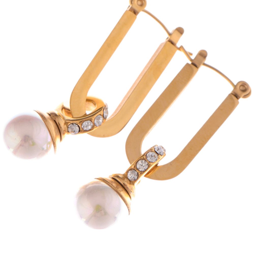 Gold Tone Geometric Drop Earrings with Pearl and Rhinestone Accent