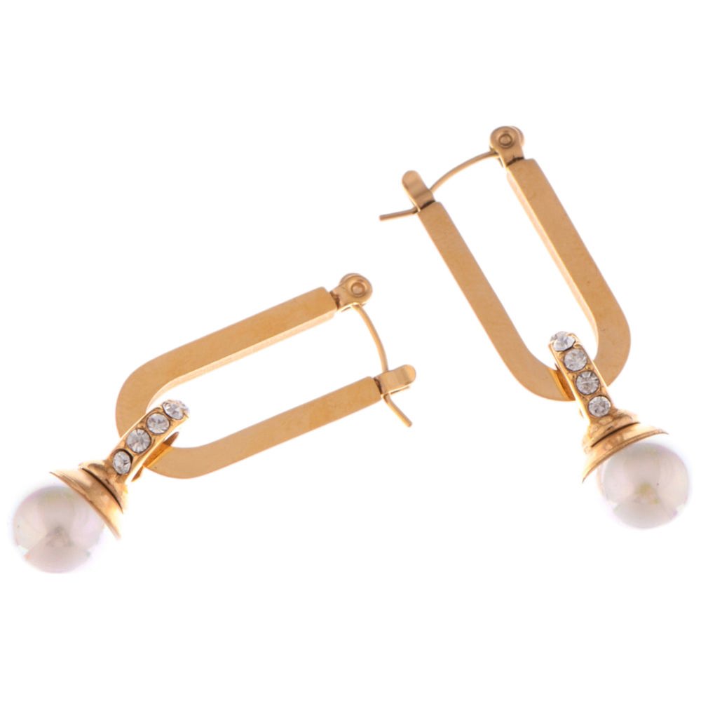 Gold Tone Geometric Drop Earrings with Pearl and Rhinestone Accent