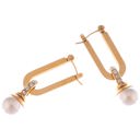 Gold Gold Tone Geometric Drop Earrings with Pearl and Rhinestone Accent